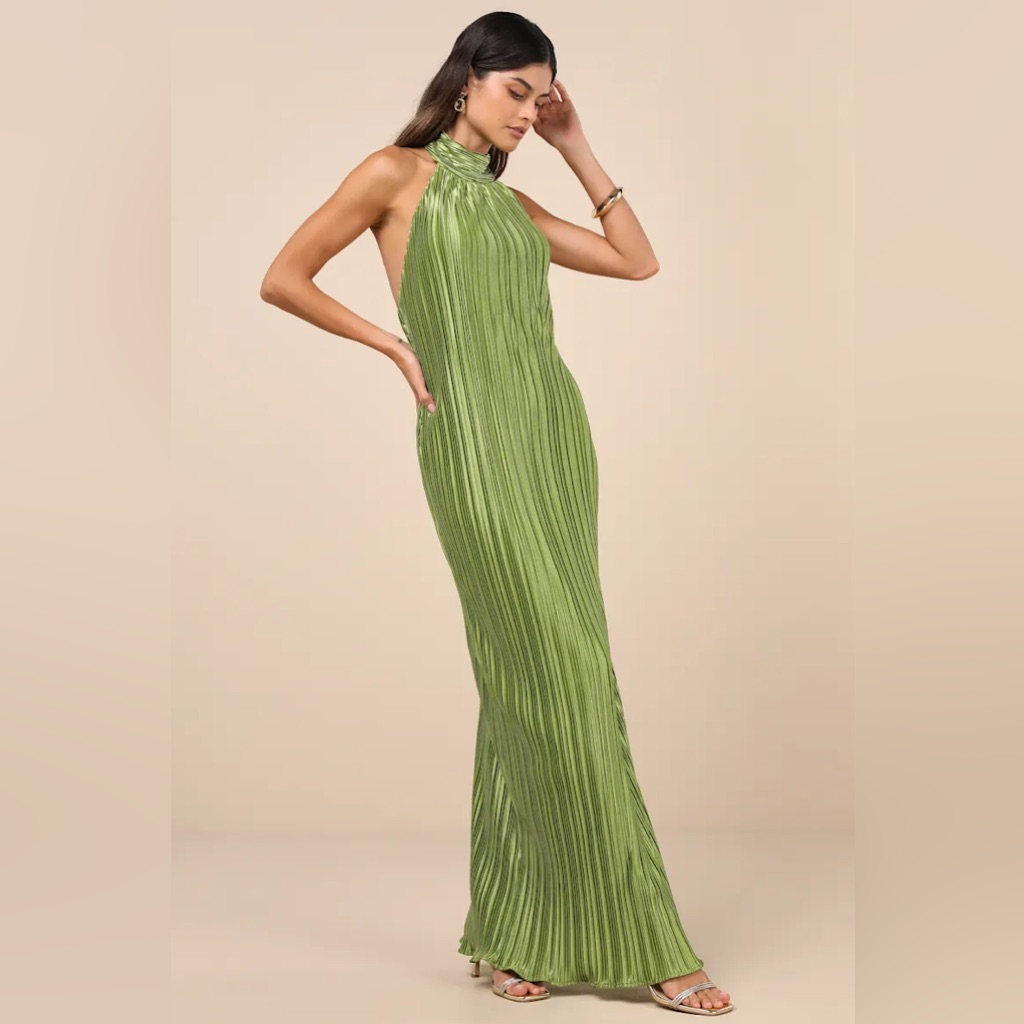 Gwenny Lime Green Satin Plisse Maxi Dress - Worn Once Size M Medium